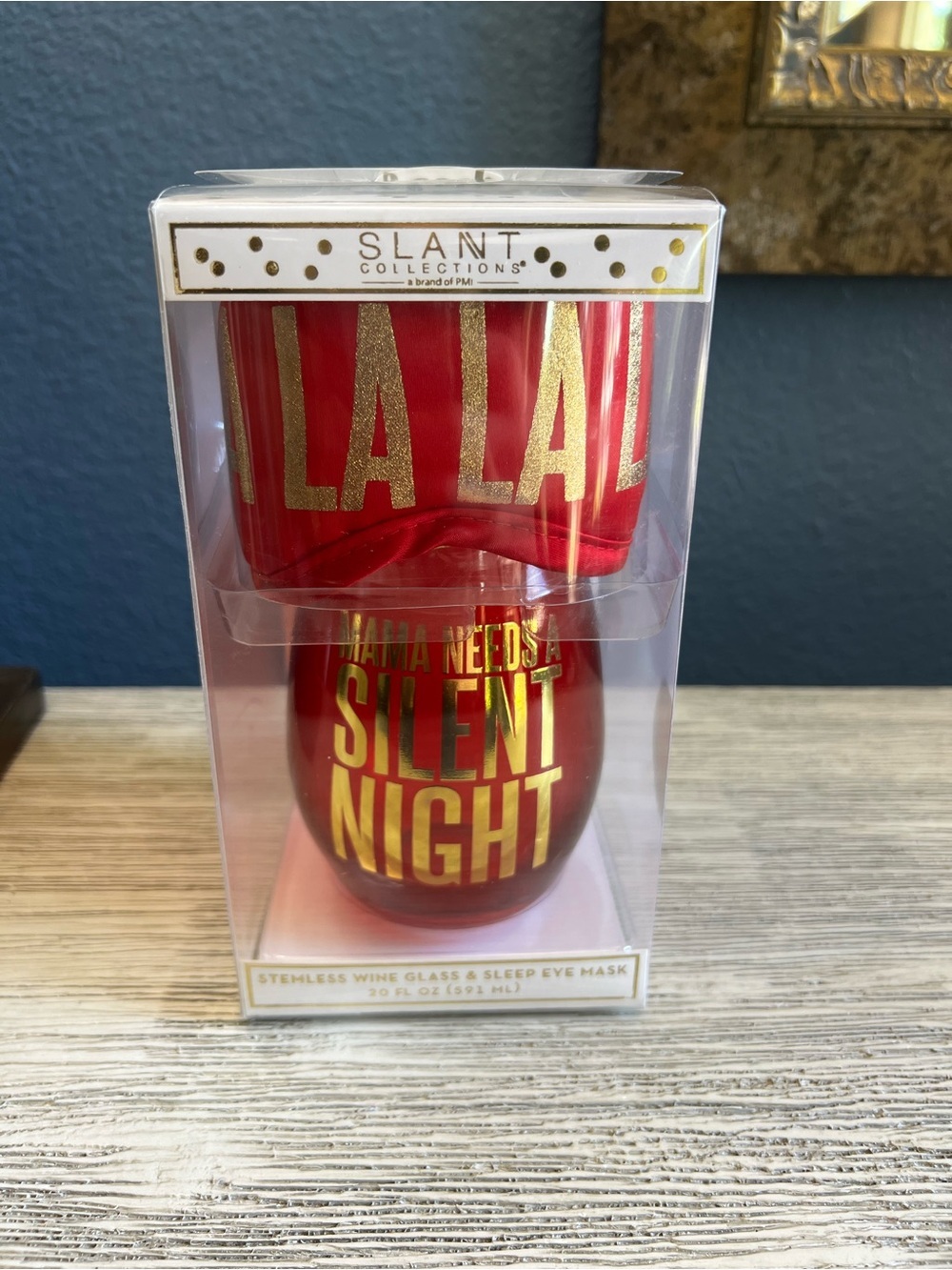🆕 SLANT Collections Red & Gold "Silent Night" Stemless Wine Glass Gift Set